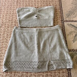 American Eagle Outfitters Sage Green Crochet Tube Top & Mini Skirt Set